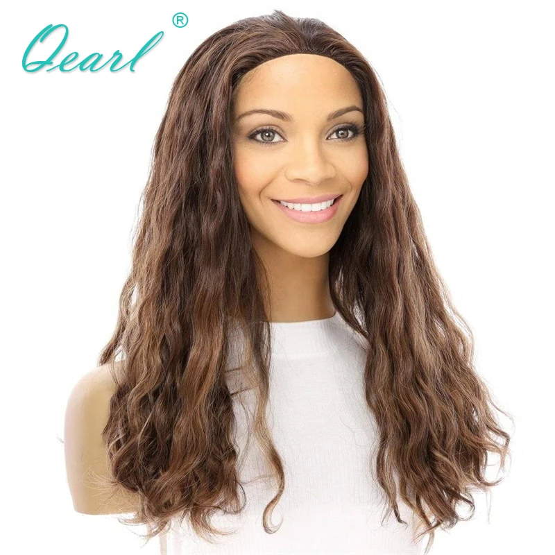 Human Hair Wig 3/4 Band Fall Wig Honey Blonde Highlights None Lace Top Wigs for Women Wear with HeadBand Small Large Cap Qearl