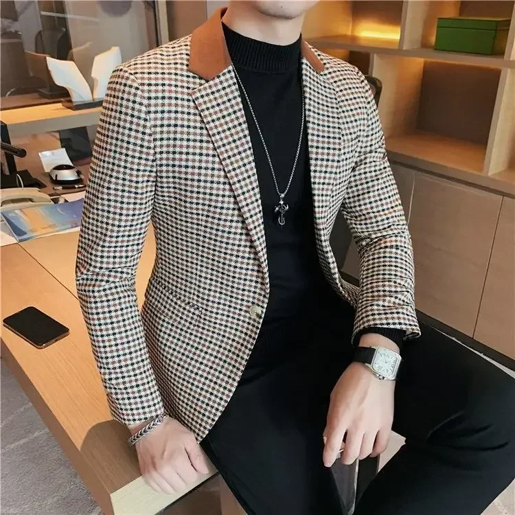 Plaid Coats New In Man Dress Suits and Blazers Trendy 2024 Fashionable Korean Style Business Jacket for Men Clothes Classic