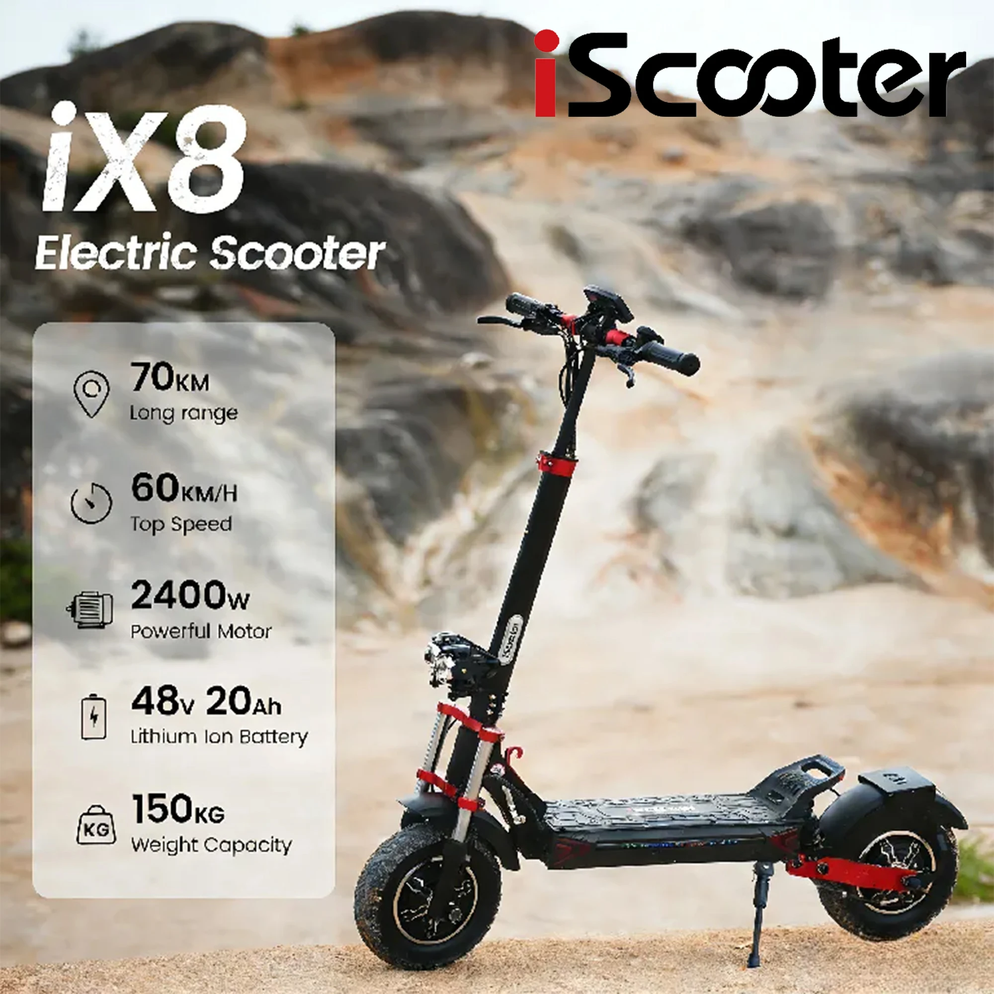 iScooter IX8 faltbarer Elektro-Tretroller für Erwachsene, 60 km/h Geschwindigkeit, 2400 W Leistung, 48 V Spannung, 20 Ah Batterie