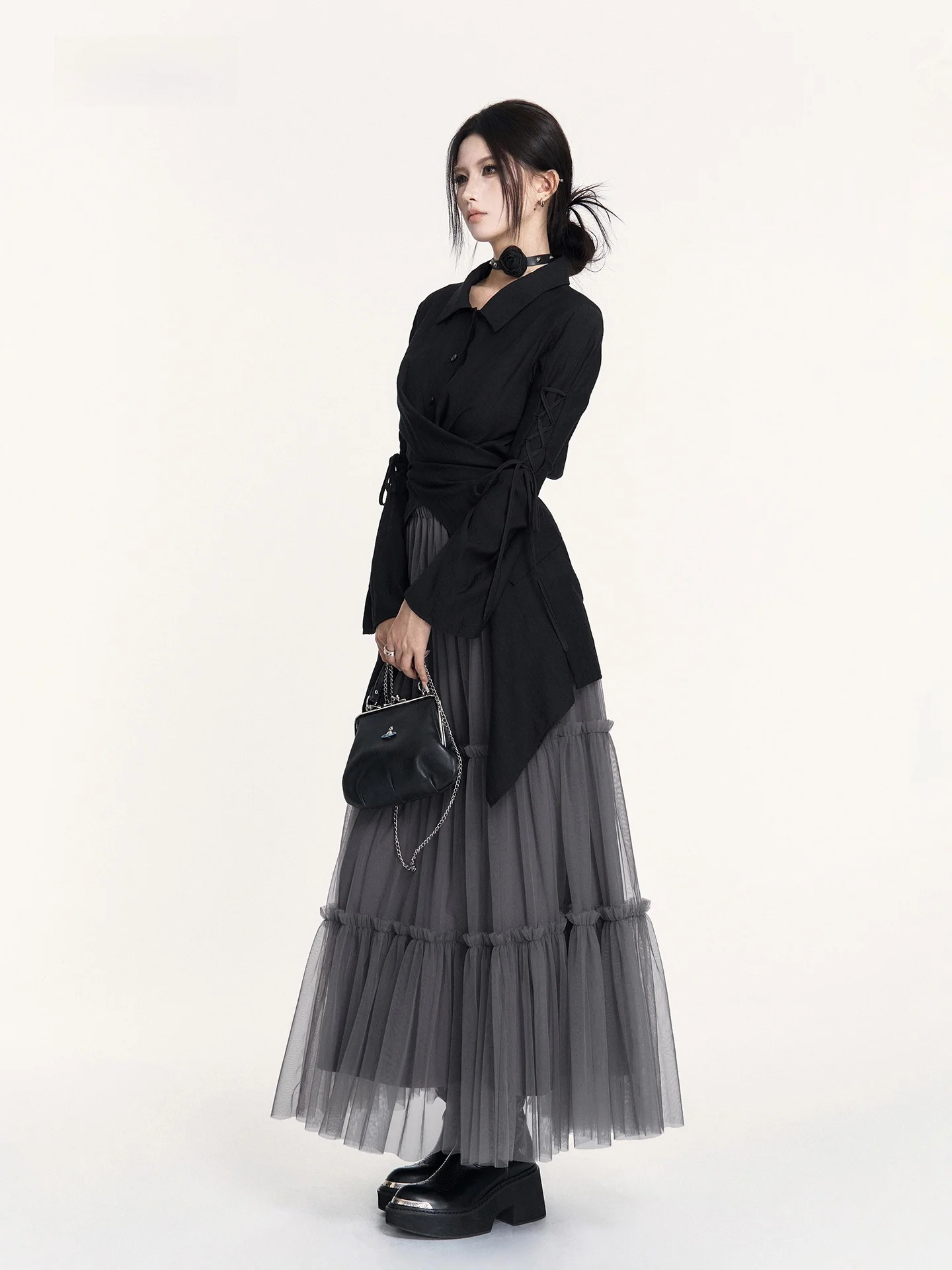 

VO Romantic k Medieval Court Sle irt with Bell Sves And Waist-Cinching Tie Long Sve Slimming Women's irt