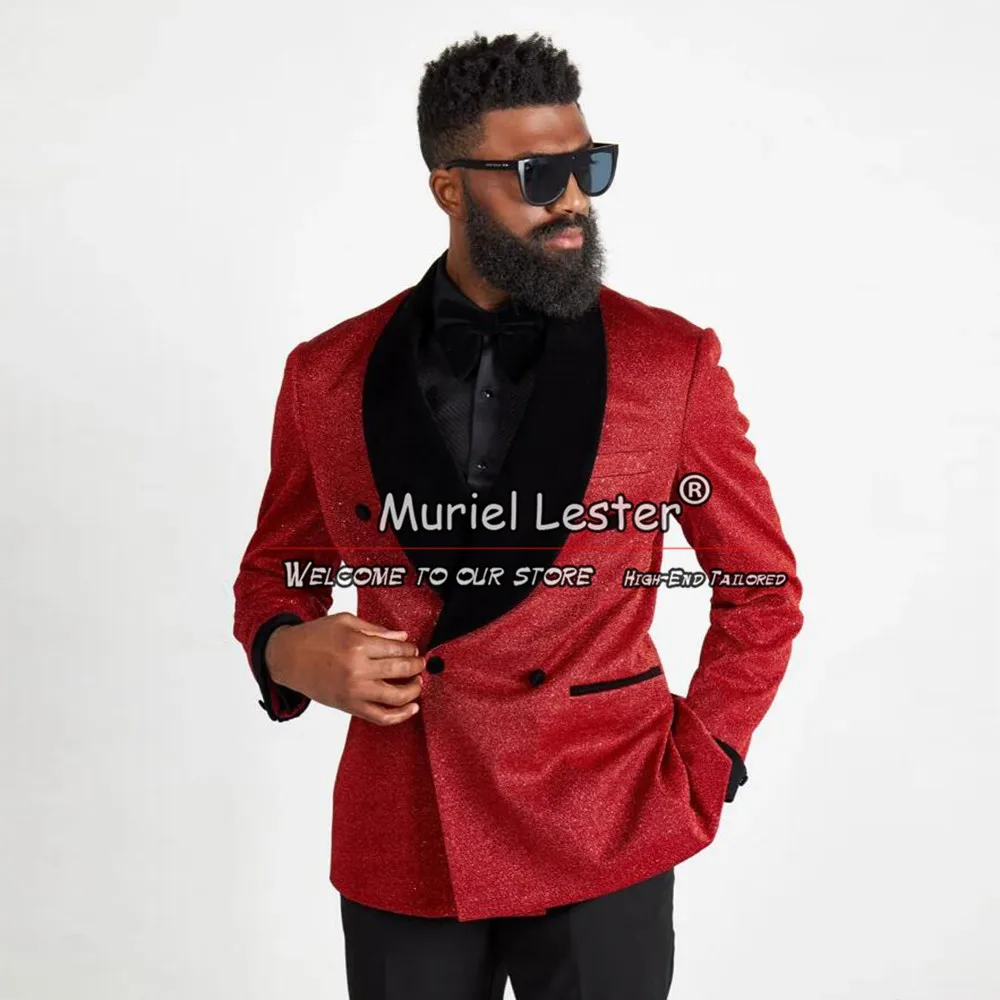 Costumes de Mariage en Velours pour Homme, Veste Rouge Kly avec Pantalon Noir, Smoking de Marié, Ensemble Blazer de Bal Personnalisé, 2 Pièces