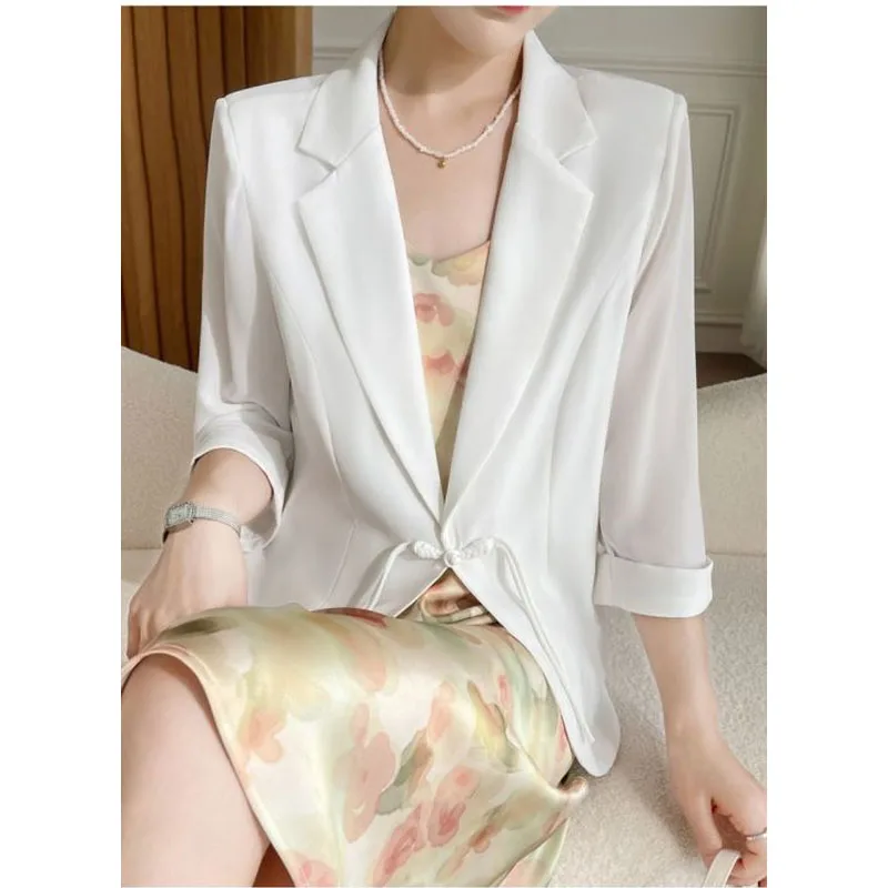 2024 Summer New Women's Thin Polo-Neck Pan Button Solid Color Fashion Minimalist Commuter Three Quarter Sleeve Tailored Coat