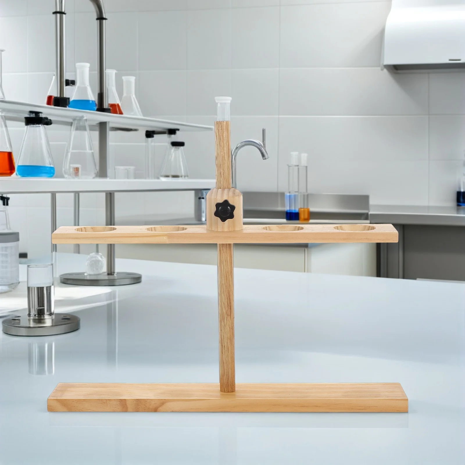 Durable Wooden Funnel Stand 4 Hole Adjustable Base for Lab Glassware Scientific Research Teaching Lab Accessories