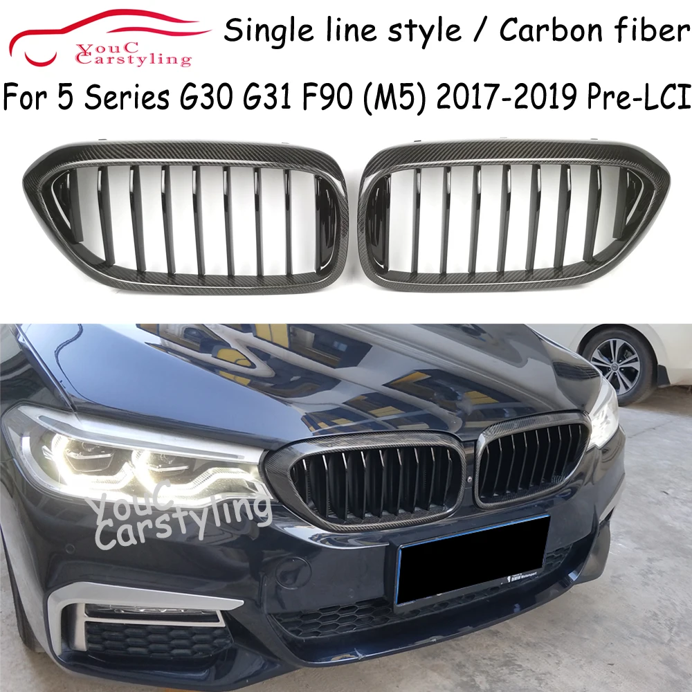 G30 Carbon Fiber Gloss Black Front Kidney Grille Mesh For BMW 5 Series G30 G31 2017-2019 Pre LCI 520i 530i 540i M550i M5 F90