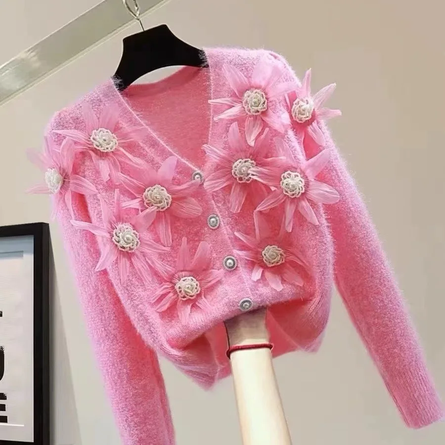 

New Fashion Auutmn Cardigan Women 3D Floral Beaded Knitted Soft Mohair V-Neck Long Sleeve Slim Sweater Knitwear Top