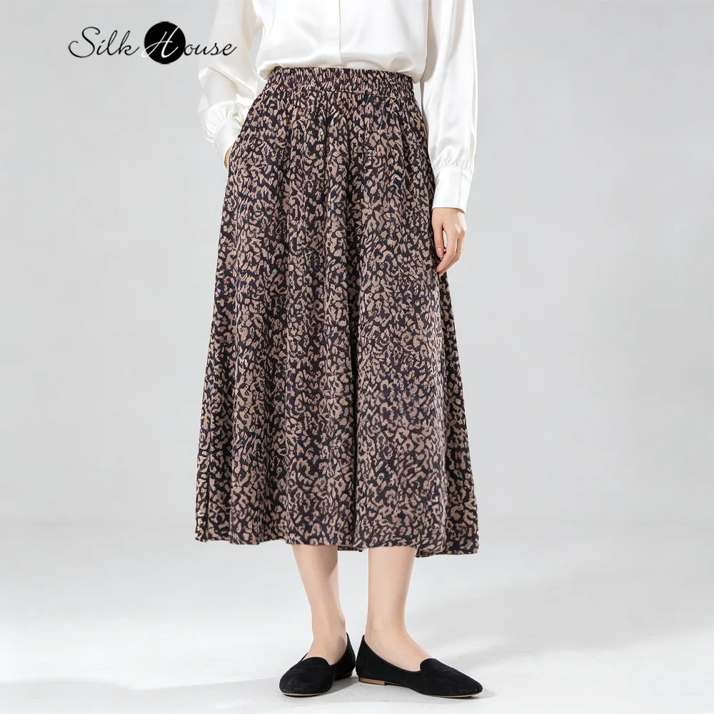 

Plus Size Summer Comfort New 100% Natural Mulberry Silk Crepe De Chine Versatile Elastic Waist A-line Printed Skirt
