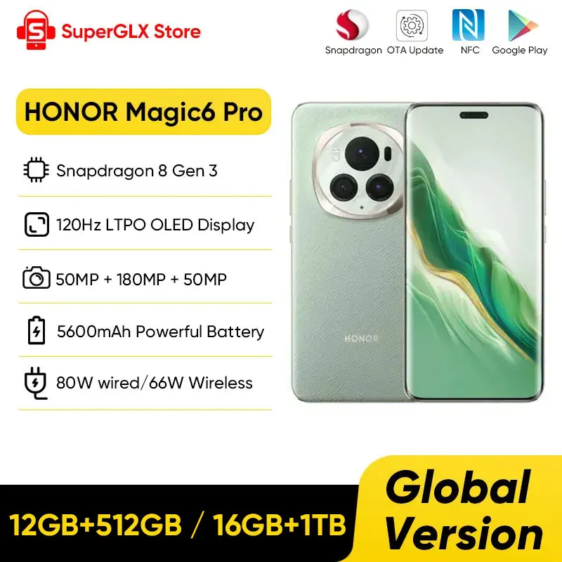 2024 nova versão global honor magic6 pro snapdragon 8 gen 3 6.8 ''tela flutuante quad-curva 180mp periscópio câmera telefoto