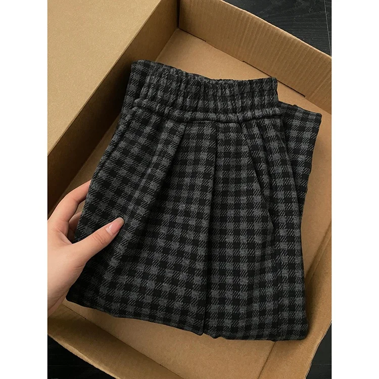 Pantaloni scozzesi in tweed retrò Pantaloni casual larghi a vita alta lunghi fino al pavimento da donna Primavera 2025 New Sle ay Gamba dritta coreana