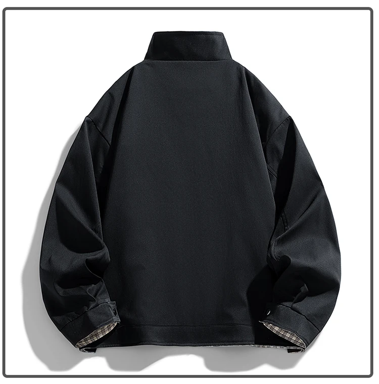 Herren Stehkragen-Freizeitjacke – Einfarbige, locker sitzende Windjacke mit Reißverschluss und Karofutter, Streetwear-Oberbekleidung – Detail 4