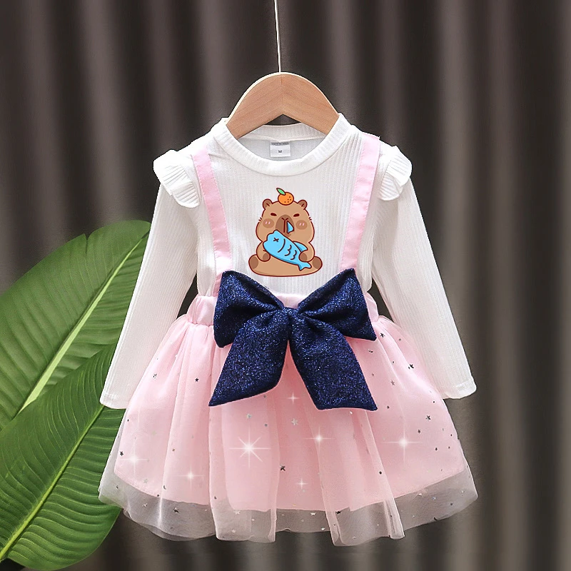 Цельные платья Capybara для девочек, детское платье на бретелях с длинными рукавами и принтом аниме, весенне-осенняя детская одежда с героями мультфильмов, подарок