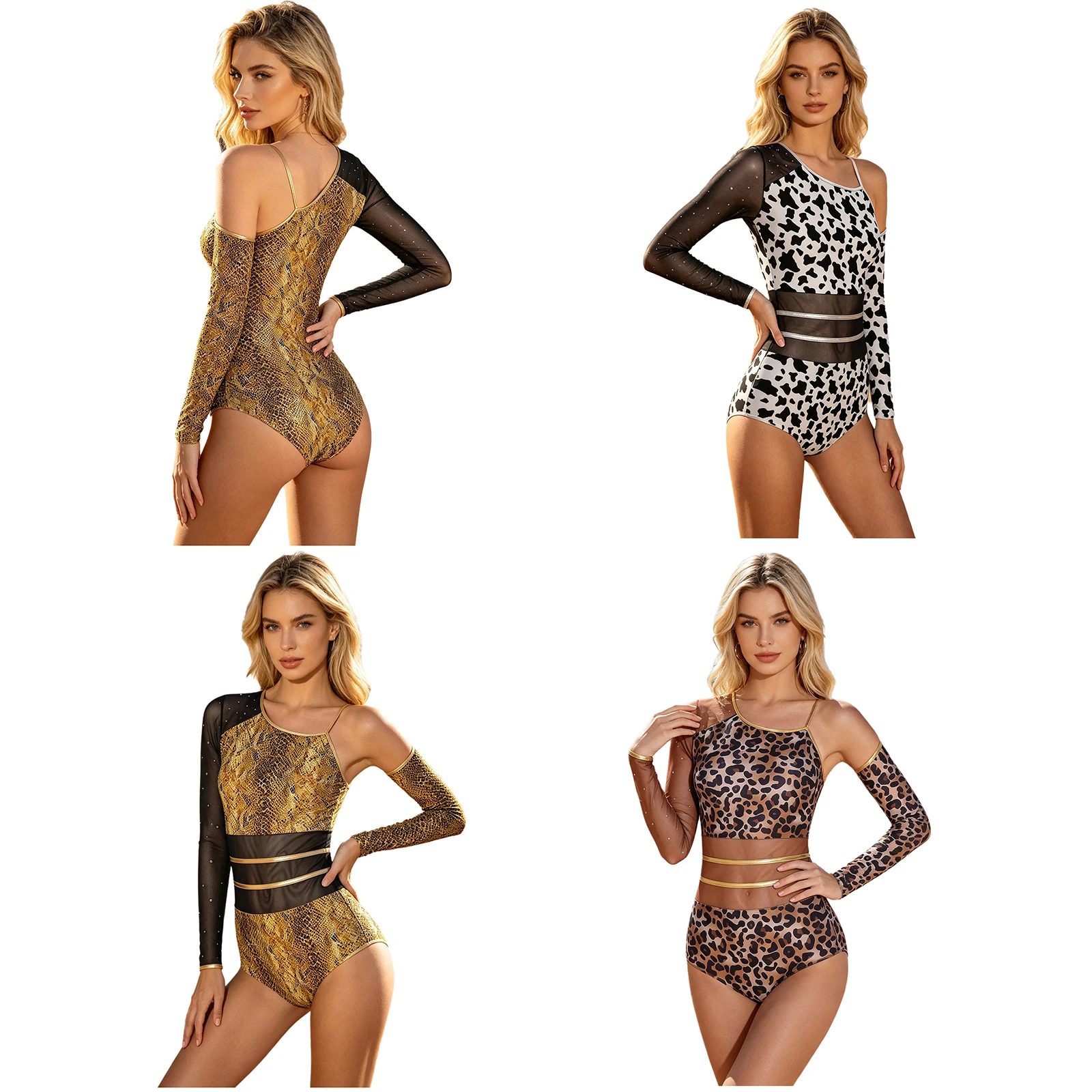 Women Caveman Ballet Skating Gymnastics Leotard One Shoulder Bodysuit with Sleeve Halloween Theme Party Primitive Tribe Costume