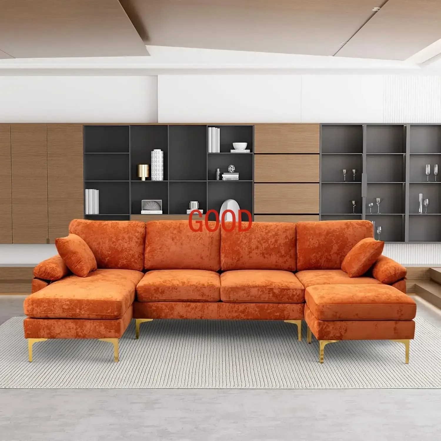 

4 Seat Sofa Set Convertible L-Shaped Couch Set with Chaise Lounge, Ottoman and Pillows,114 inches, Orange Velvet