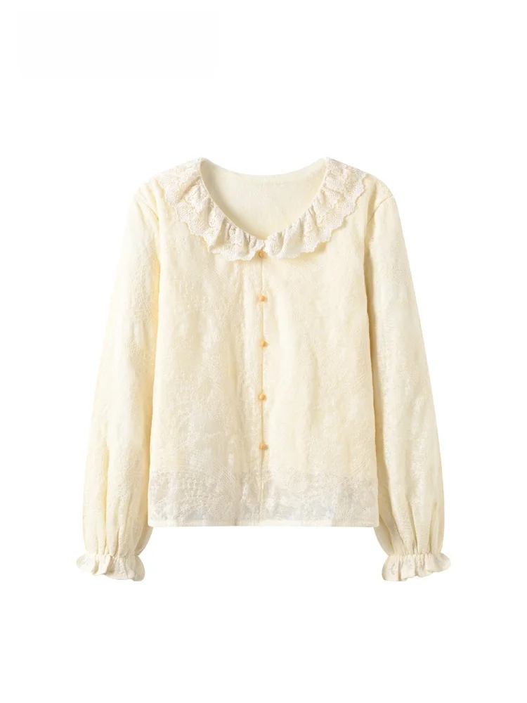 

Женский топ Ele plus Size Long Sve irt с кружевным воротником, осень-зима, новый топ для снижения возраста Fat Sister