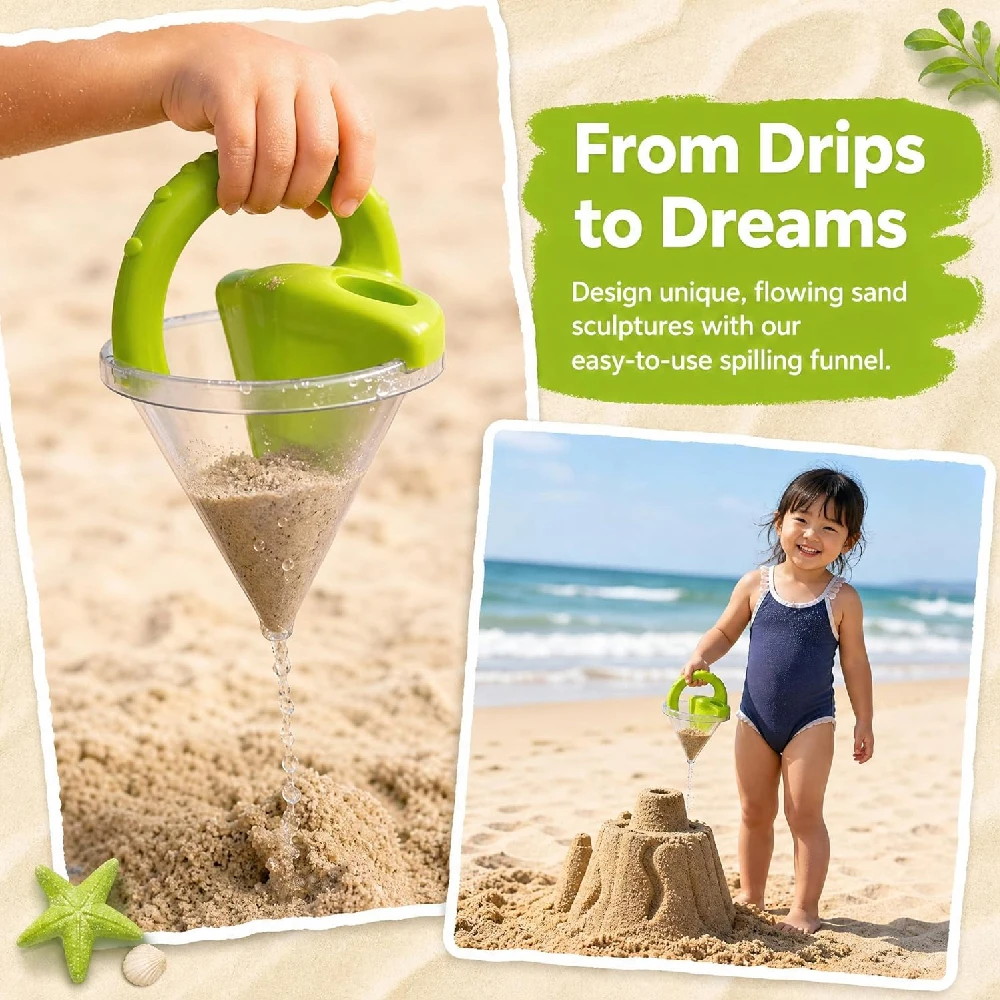 Brinquedo de funil para misturar areia e água na praia, para construir castelos e criar estruturas com areia, ideal para atividades de construção em família ao ar livre.