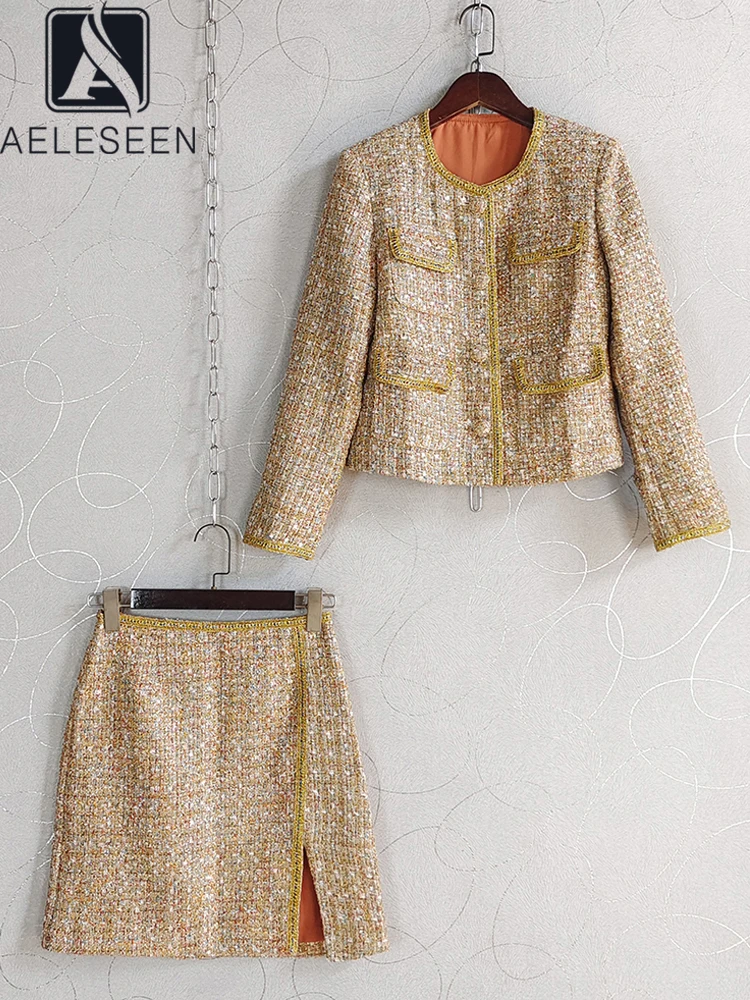 

AELESEEN Autumn Winter 2 Pieces Set Designer Fashion Tweed Colorful O-Neck Jacket + Split Mini Skirt Elegant Party Suit