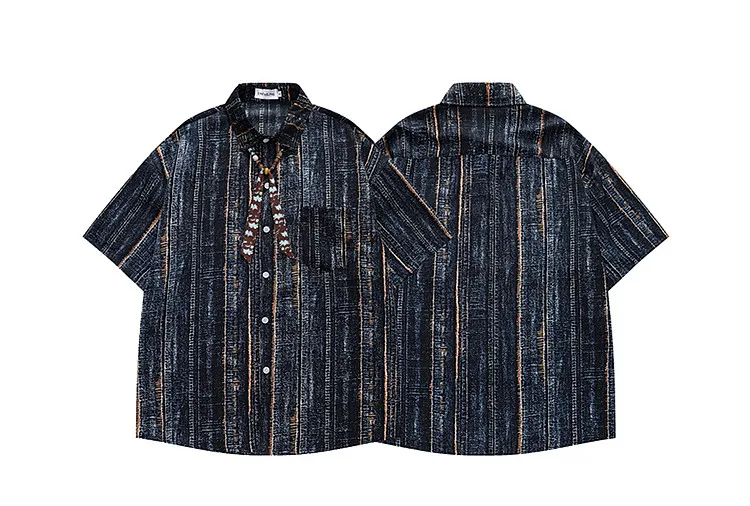 Summer Dark Wash Fake Denim Texture Vertical Line Short Sleeve Shirt Decorative Floral Ribbon Loose Oversize Streetwear Shirt