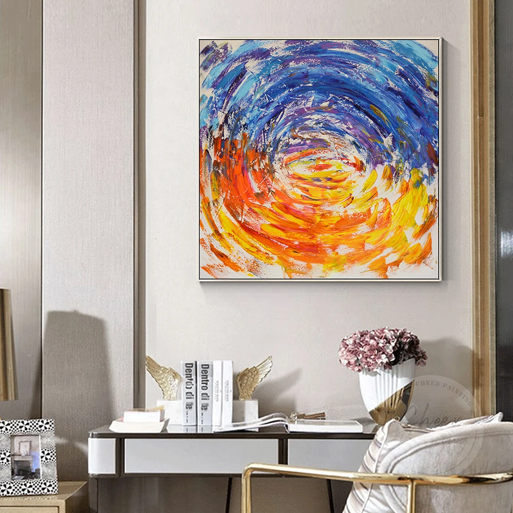 Hand Painted Oil Painting Blue Orange Abstract Painting Palette Knife Textured Art Colorful Circle Framed Wall Art Decoration