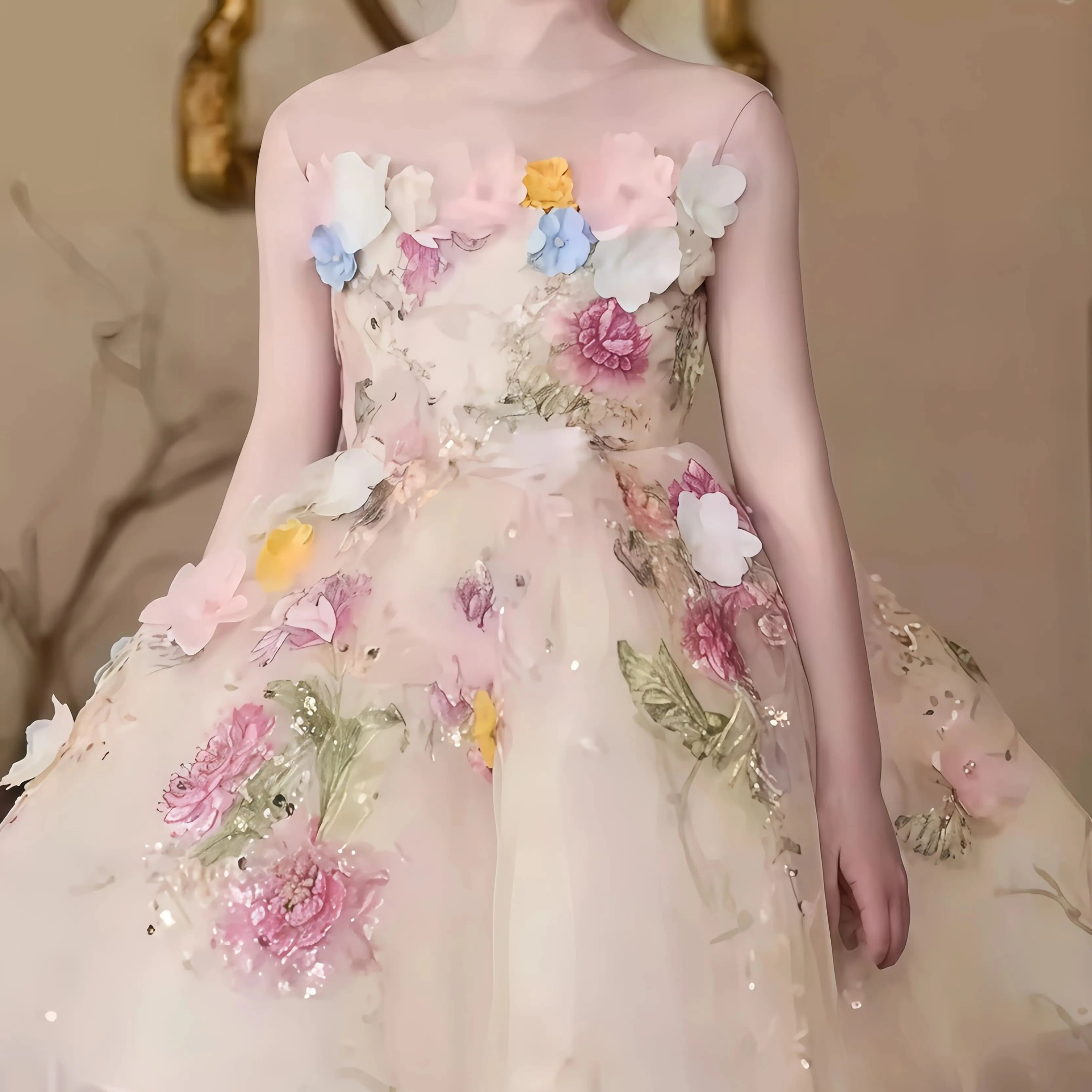 Abito da Principessa per Bambine, Vestito Formale con Tulle Floreale 3D e Corsetto Posteriore per Matrimoni, Feste Serali e Balli