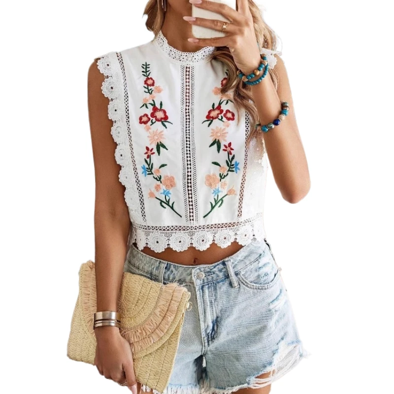 

Женская мода, кружевные короткие блузки без рукавов с вышивкой, топ 2023, весна-лето, уличная одежда, женская полая рубашка с круглым вырезом, футболки