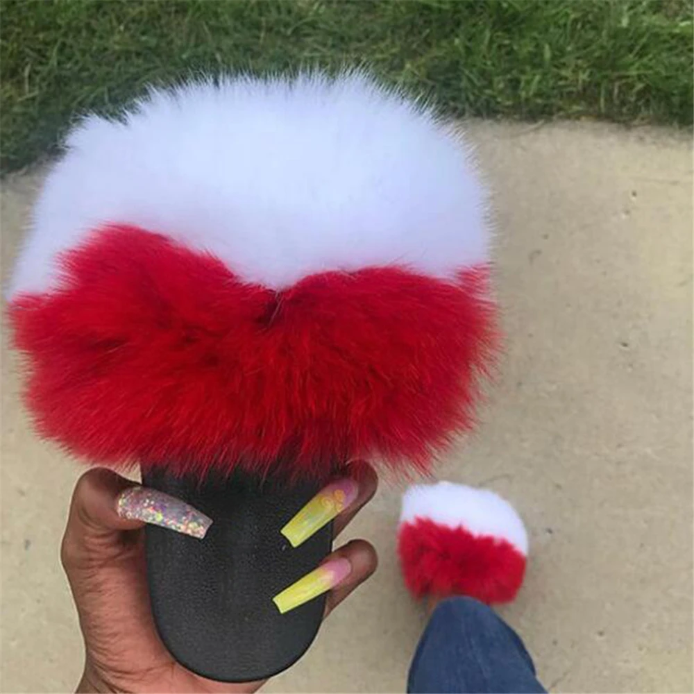 ZMPDXY Fur Slides Girl Summer Flat Slippers Big Fur Slides Fluffy Fur Slides Home Sandals Exquisite Shoes Hot Sale Women Shoes