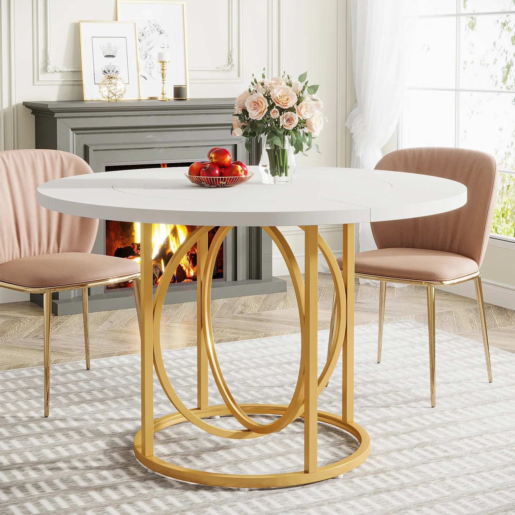 Tribesigns Modern Round Dining Table for 4, 47 Inch White Kitchen Table with Gold Base, Wood Dinner Table