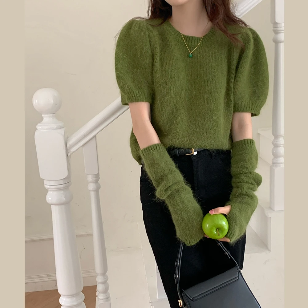 Women\'s Korean Chic Slim Knitted Pullover Sweater, Matcha Green Rabbit Velvet Short Jumpers, Female Round Collar Tops, Spring