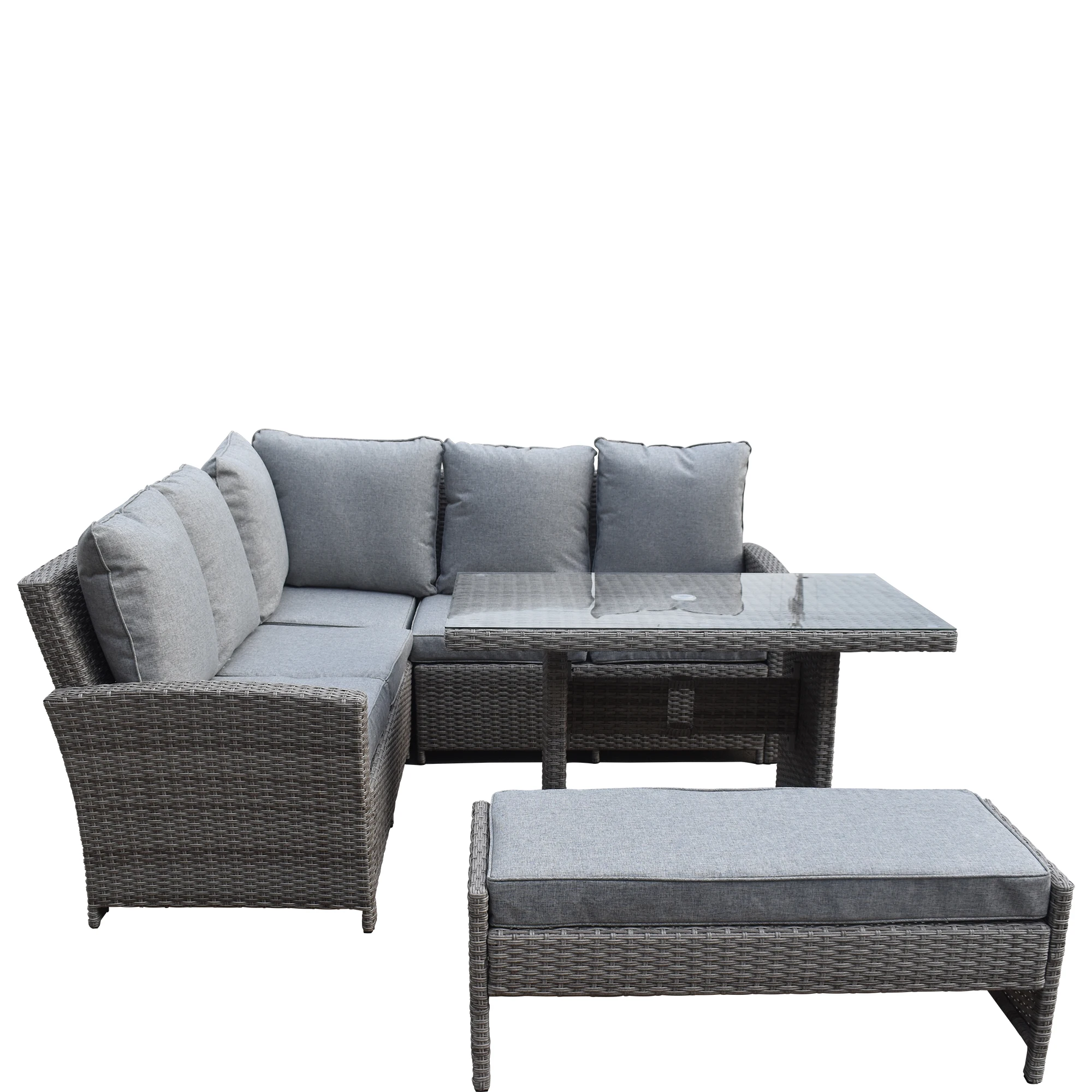 

Лидер продажL-образная уличная мебель, диван из ротанга, плетеный угловой диван для отдыха, садовый набор с скамейкой или пуфиком и кофейной