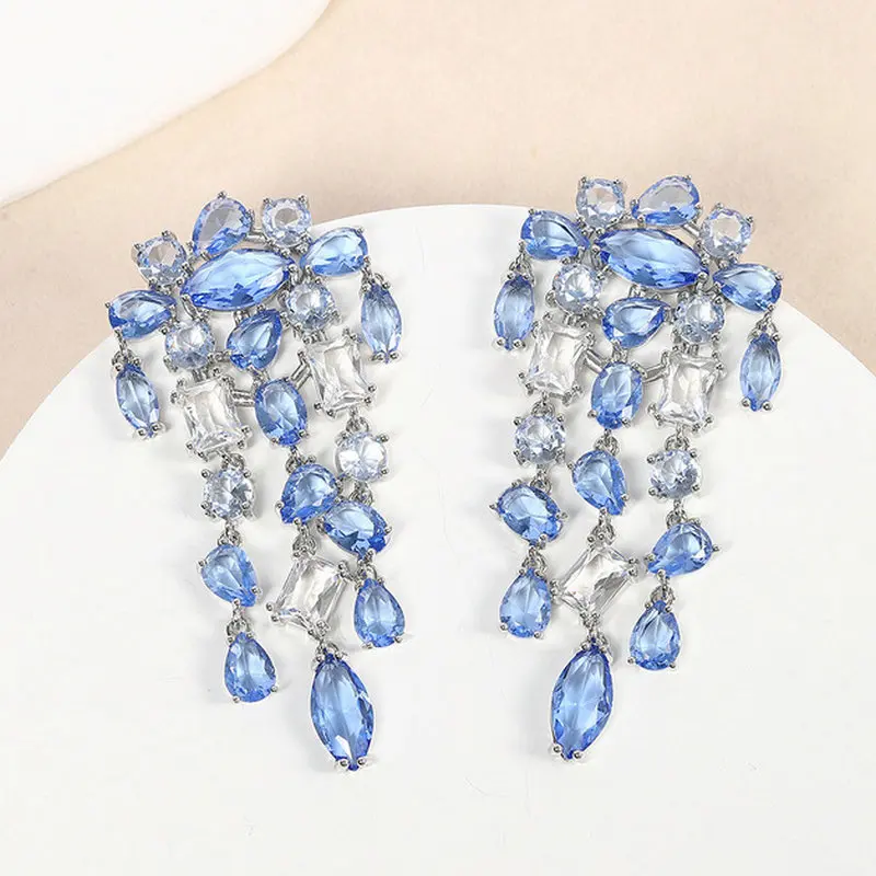 Bilincolor Fashion Clear Blue Cubic Zirconia Tassel Earring for Women