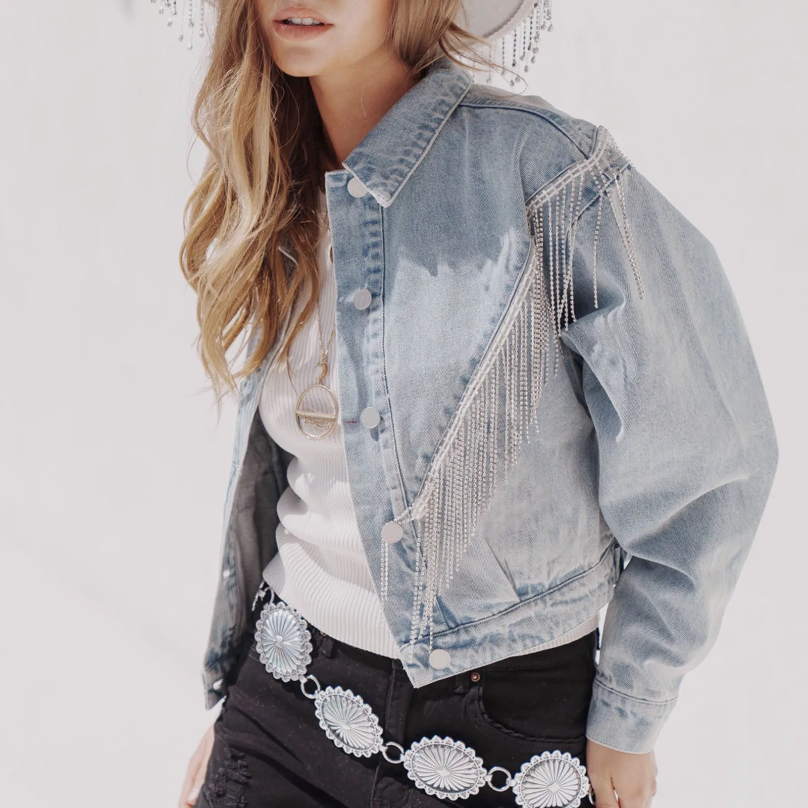 Cropped Denim Jacket With Rhinestones Tassel Autumn Crop Fringed Jeans Jacket 2023 New In Outerwear Korean Women's Denim Jackets