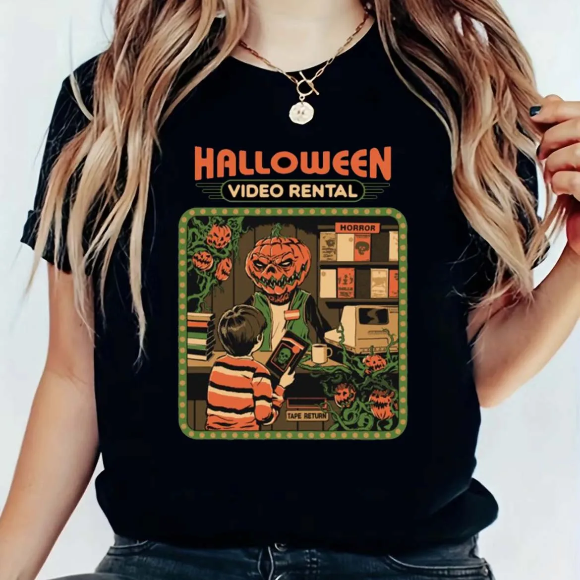 

Halloween Video Rental Print Vintage 90s T-shirt Women Grim Supernatural Graphic Tee Popular Halloween Tee Tops for Women