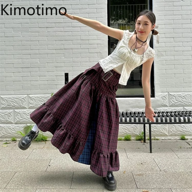 Vintage Plaid Patchwork Long Skirt Women Belt Waist Zipper Design Ruffle A Line Skirts Harajuku Fashion Y2k Faldas 2025