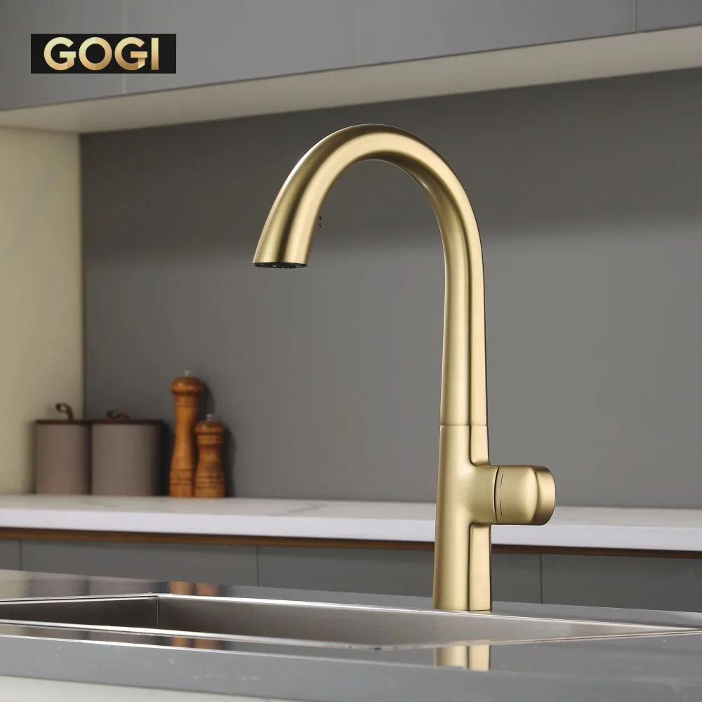 GOGI Brushed Gold Solid Brass Kitchen Mixer Tap 360 Degree Rotatable Pull‑Out Sprayer Ceramic Cartridge 2 Flow Modes Hot Cold Si