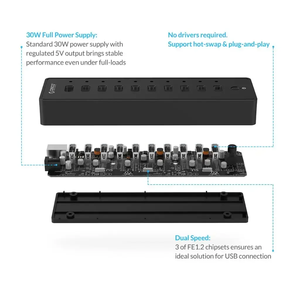 ORICO 10포트 USB USB2.0 허브 12V 전원 어댑터 포함 고속 USB 스플리터 PC 컴퓨터용 1M 데이터 케이블 타입-A/M에서 타입-B/M로