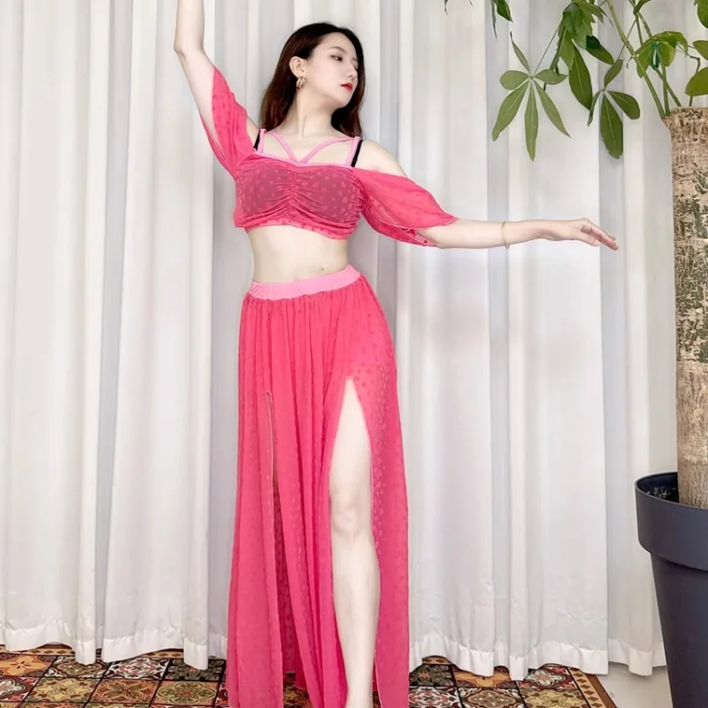 Costumes de danse du ventre Swegal personnalisés, tenue d'entraînement avec maille de velours 3D en forme de cœur, haut à épaules dénudées, jupe à Double fente