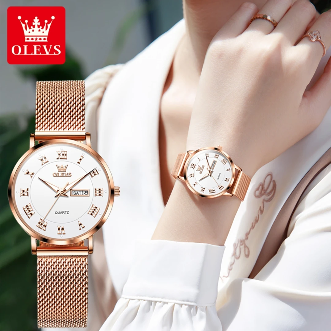 OLEVS 2920 Quartz Simple Watch Gift Stainless Steel Watchband Round-dial Wristwatch Week Display Calendar