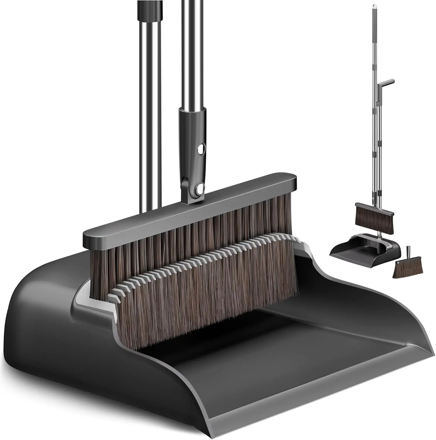 

Broom and Dustpan Set, 52" Adjustable Long Handle, Extra Brush Head, Pet Hair Comb, Wide 12" Head for Hardwood Floors