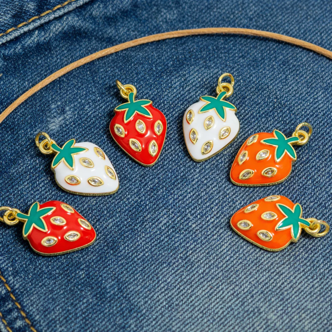 12Pcs Pendants Strawberry Shape Brass Charm Zircon Enamel Cute Fruit Charms for Diy Jewelry Making Necklace Bracelet Accessories