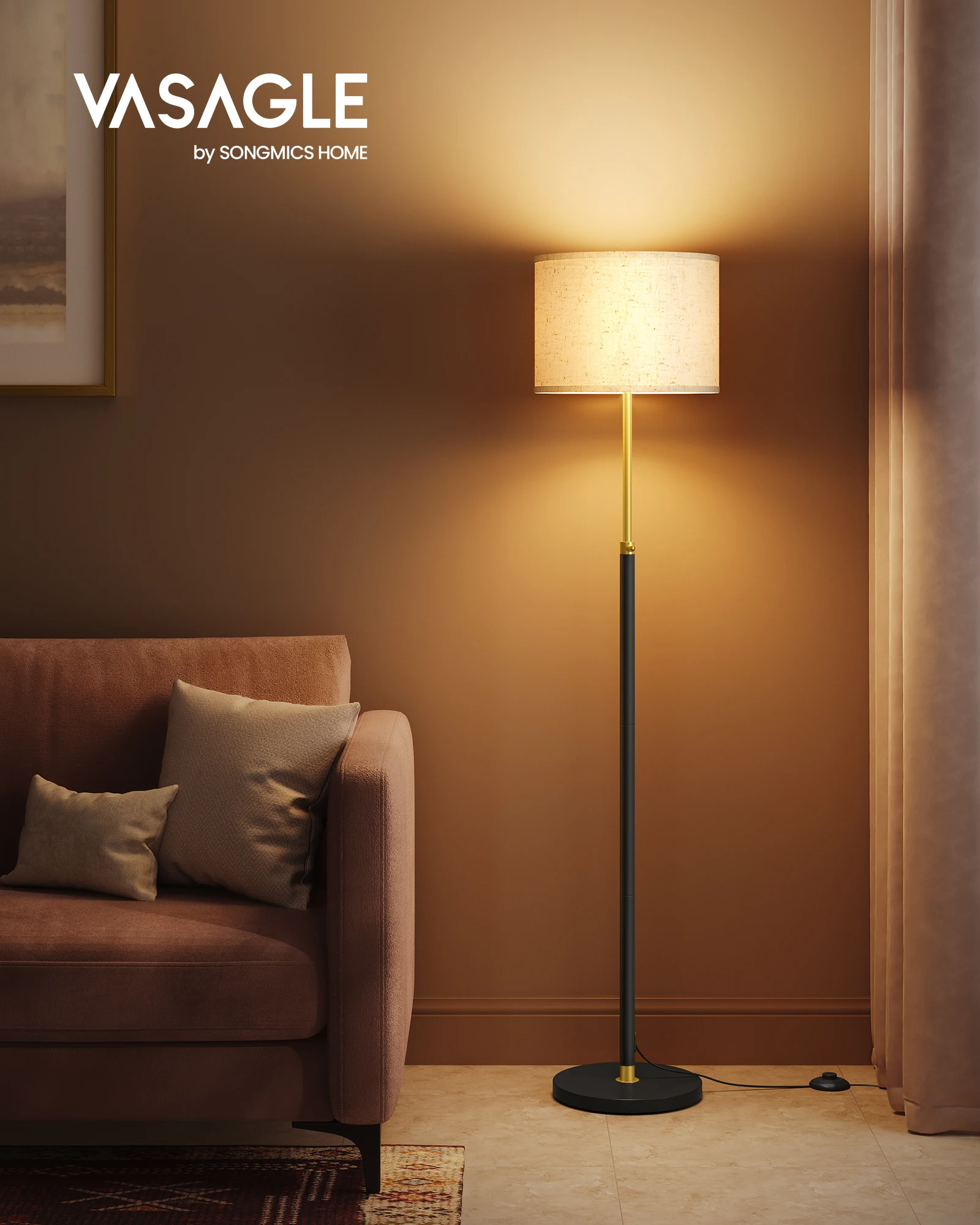VASAGLE vloerlamp, vloerlamp, in hoogte verstelbare leeslamp, 140-170 cm, met voetknop, stoffen lampenkap - afbeelding 1