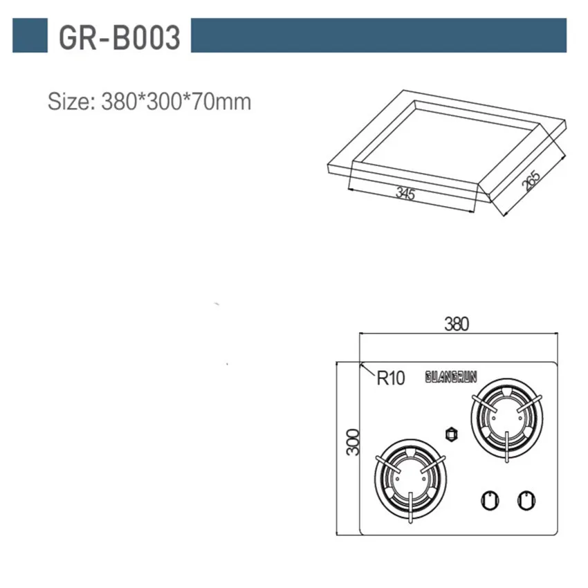 2-Brenner-LPG-Gasherd-Kochfeld mit gehärtetem Glas, 2 x 1,8 kW, 380 x 300 x 70 mm, GR-B003, Boot, Wohnwagen, Wohnmobil