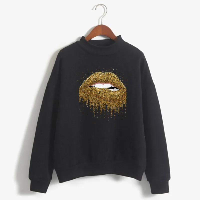 

Shiny Gold Lips Print Women Sweatshirt Sweet Korean O-neck Knitted Pullover Thick Autumn Winter Candy Color Loose Lady Clothing