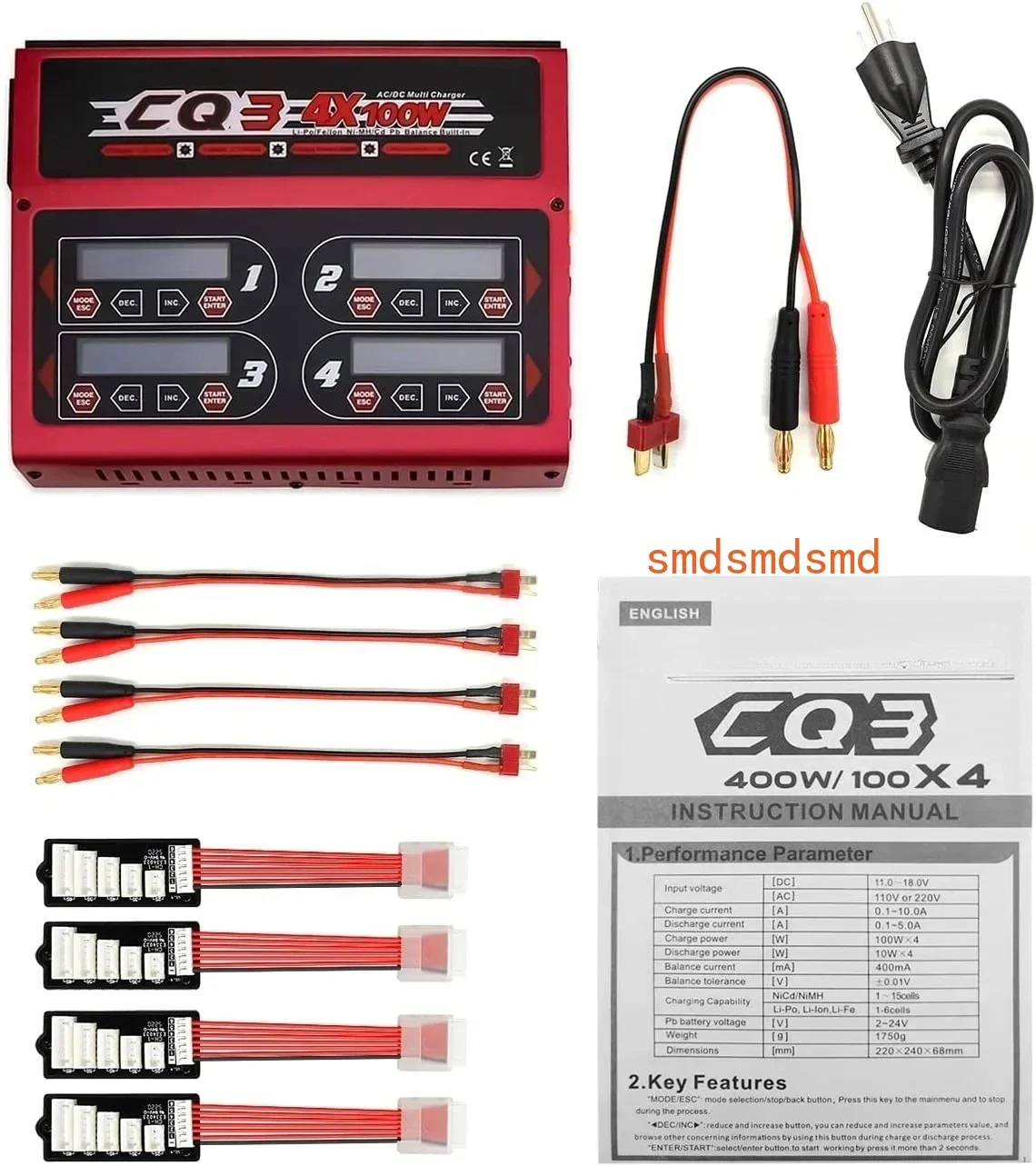 CQ3 100W 10A 1-6S AC100-240V DC11.0V-18.0V Balance Charger With JST_XH Adapter Board for LiPo LiFe NiMH NiCd Battery