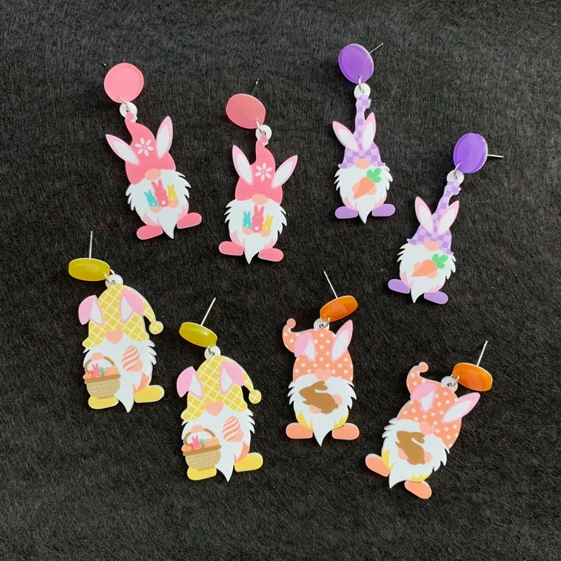 Cute Cartoon Pink Orange Yellow And Purple Gnome With Easter Egg Rabbit And Carrot Acrylic Stud Earrings For Women