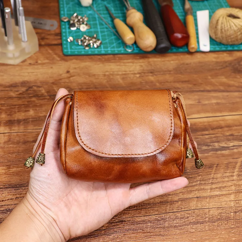 

Handcrafted Tanned Leather Coin Purse Women's Retro Chinese Style Top Layer Cowhide Genuine Leather Key Holder Earphone Stora...