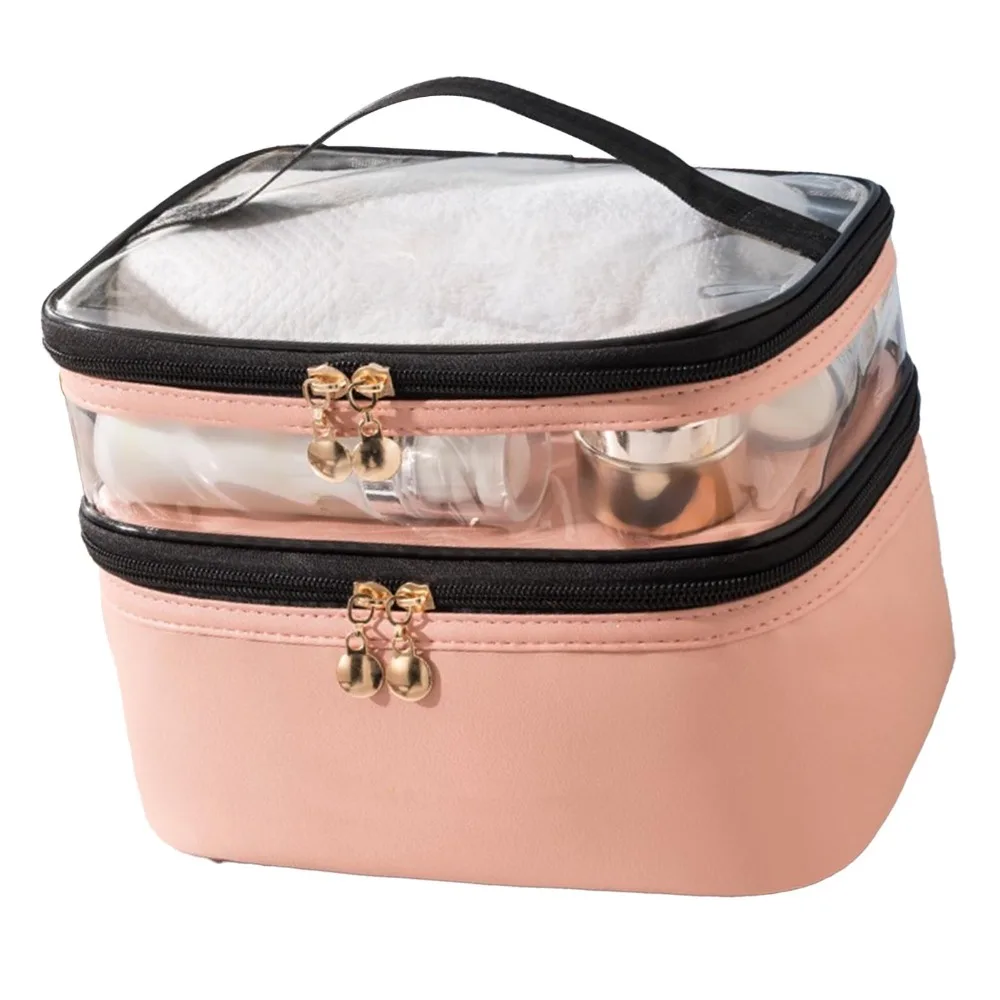 

Smooth Zippers Double Layer Makeup Bag Large Capacity Waterproof Sealed Travel Cosmetic Bag Portable Clear Top Makeup Organizer