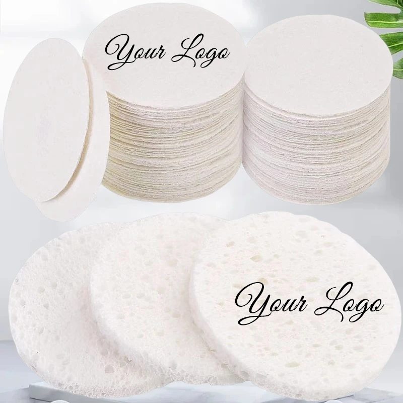 50pcs Custom Logo White wood pulp cotton compressed facial wash puff ultra-thin compressed sheet cleansing puff absorbs