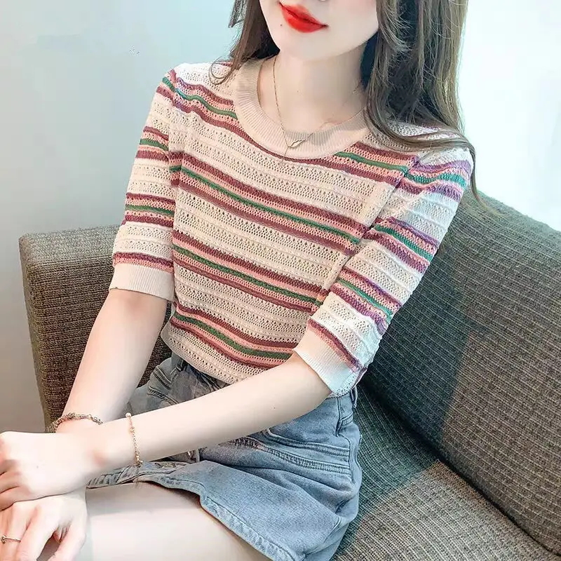 

T-shirts Women Knitted Summer Striped Fashion Hollow Out Young Office Female Sweet All-match Chic New Pullover Undershirt Q879