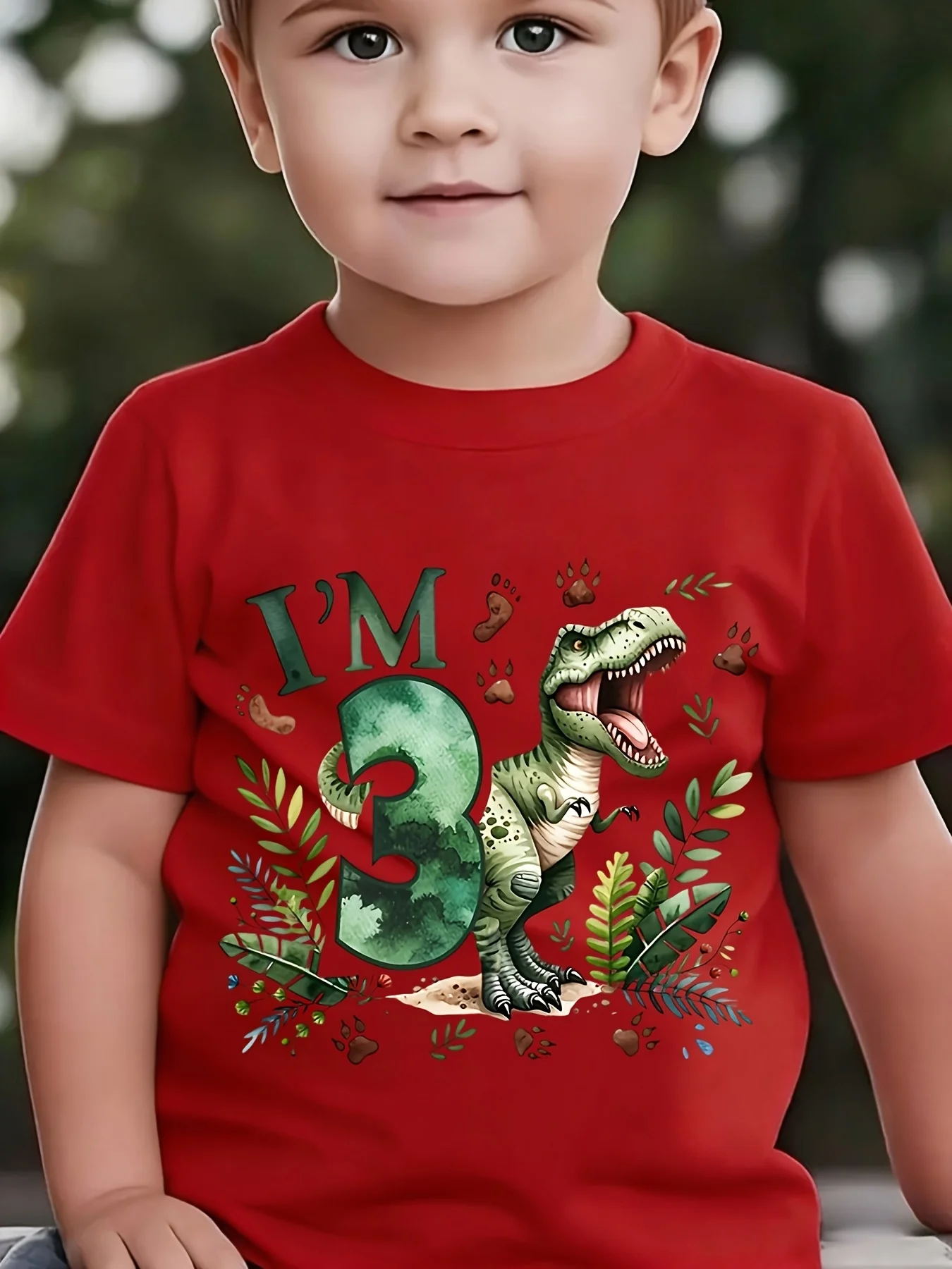 Boys Dinosaur Print Birthday T‑Shirt Soft Sweat‑Absorbent Short‑Sleeve Top For Summer Daily & Outdoor Sports