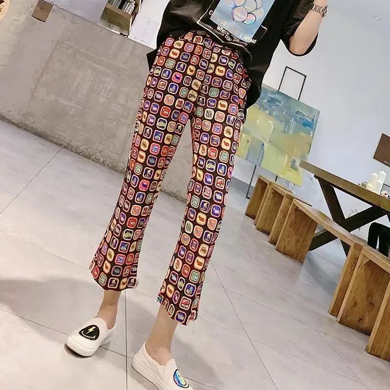 The New Style Fashionable Check Color Pattern Women's Cropped Flared Trousers,Thin Stretch Wide-leg Slacks Fall  Women Clothing