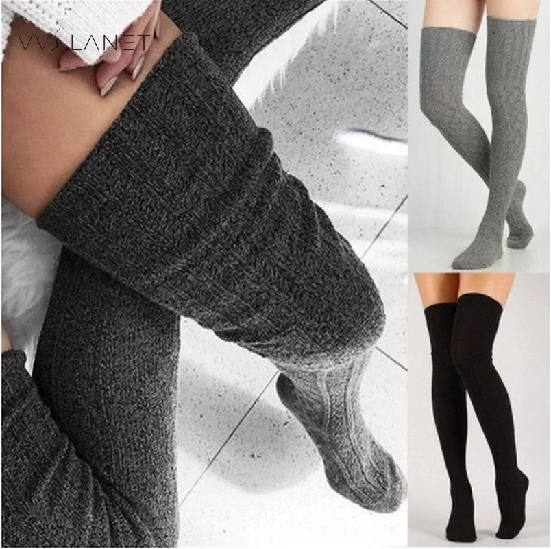 Women Over Knee Socks  Female Sexy Stockings Warm Long Boot Knit Thigh-High Gray Khaki Blue Black Twist Stockings Woman