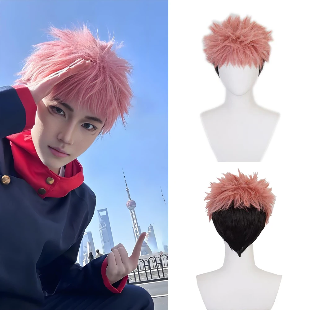 

High-Quality ‌ Anime Jujutsu Kaisen Yuji Itadori‌ Cosplay Synthetic Hair Black Pink Gradient Natural Fluffy Short Halloween Wig
